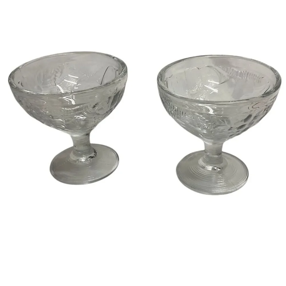 Vintage‎ French France Glass Dessert Coupe Champagne Clear Floral Embossed Set 2